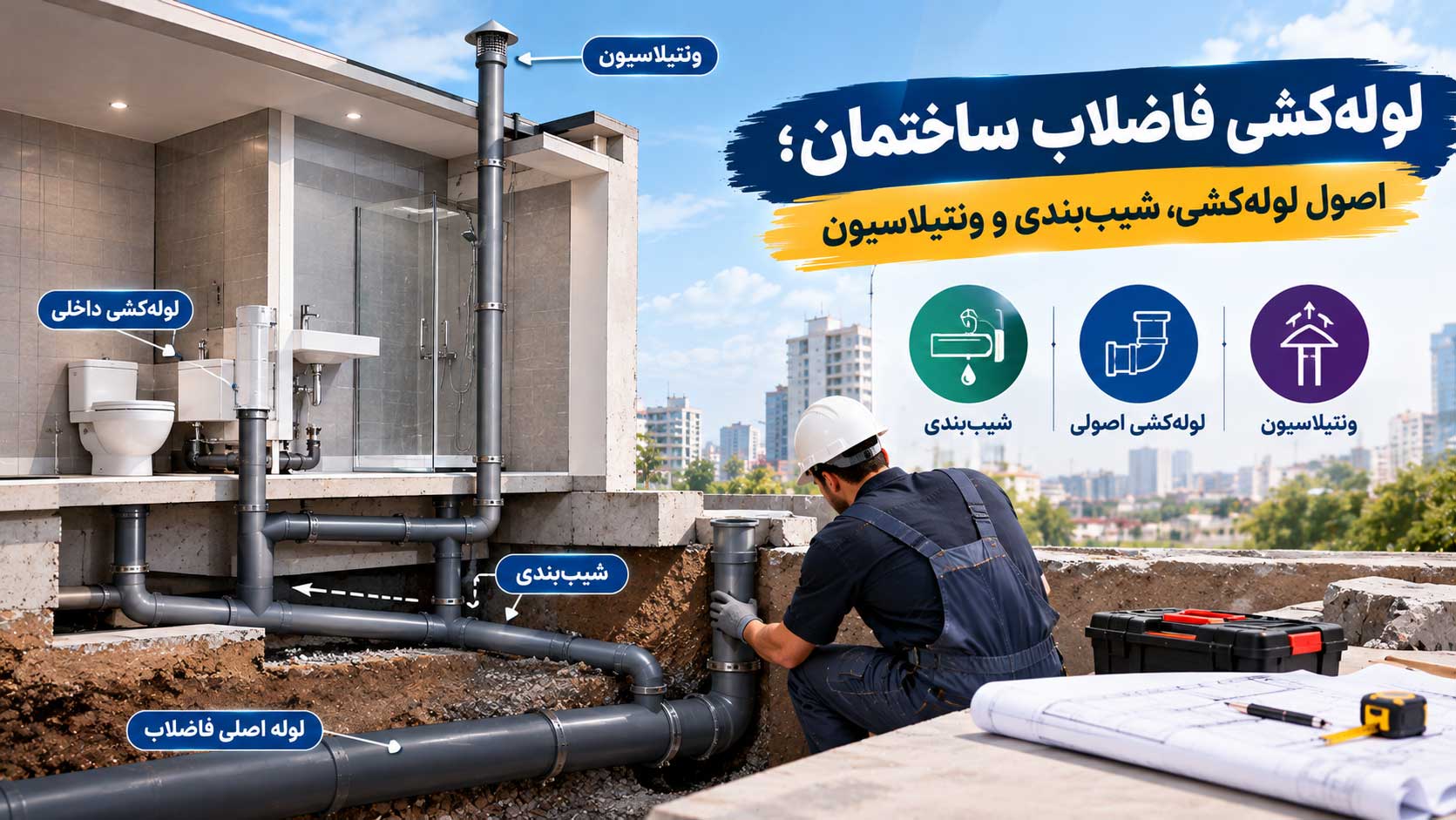 لوله کشی فاضلاب ساختمان؛ اصول لوله&zwnj;کشی، شیب&zwnj;بندی و ونتیلاسیون